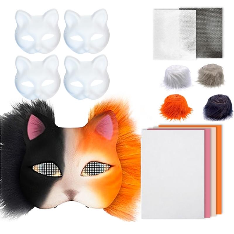 Animal Mask Kits Cats Mask Unpainted Mask Halloween Party Mask Masquerade Mask Hand-Painted Mask with Plush Fabric