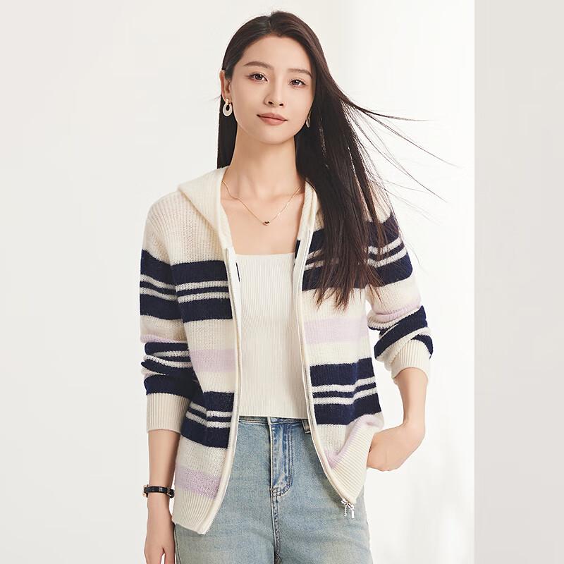 FAPAI Women's 100% Wool Striped Zip-Up Hoodie Cardigan