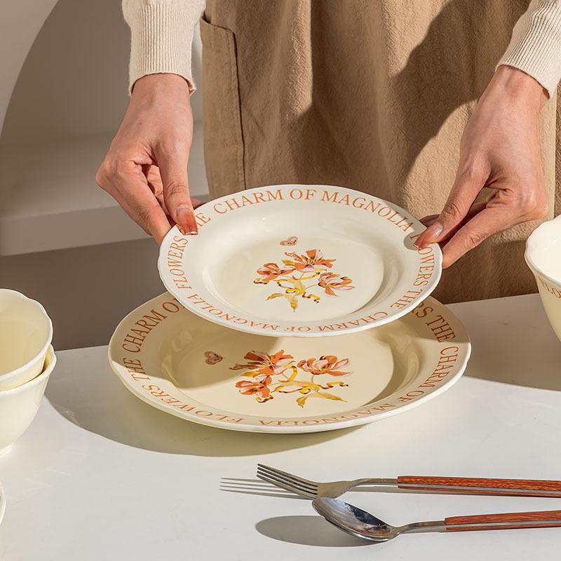 French Flower Ceramic Tableware Simple Cream Wind Bowl Set Household Rice Bowl Soup Bowl High Value Bowl