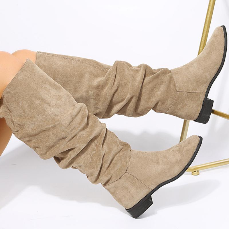 Women's Wrinkle Knee High Boots Autumn New Plus Size Flock Chunky Heel Thigh High Boots for Women Outdoor Casual Ladies Shoes