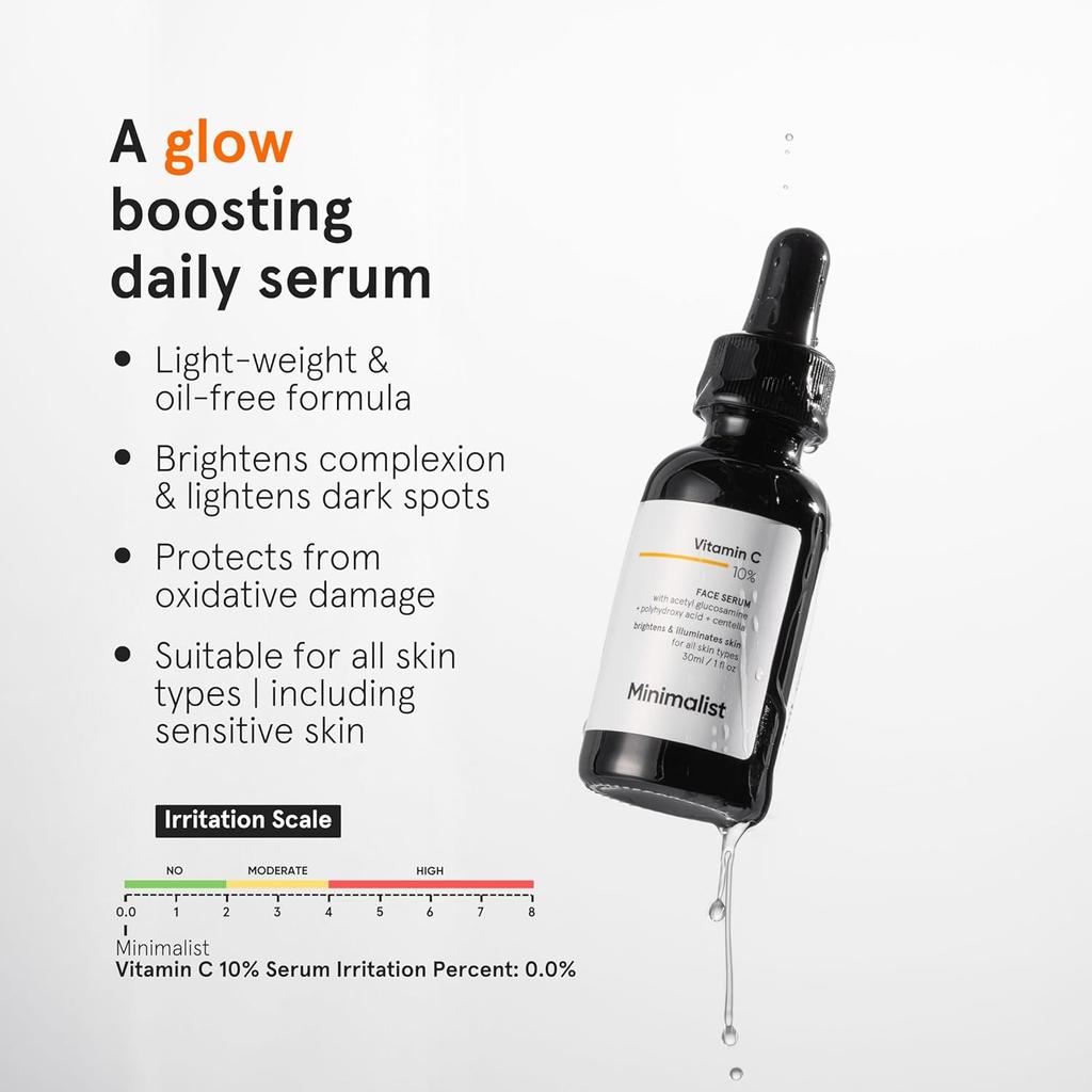 Minimalist 10% Vitamin C Face Serum For Dull Skin, Dark Spots & Uneven Tone | Sensitive Skin Safe | Hydrating Glow Treatment For Men & Women 30Ml