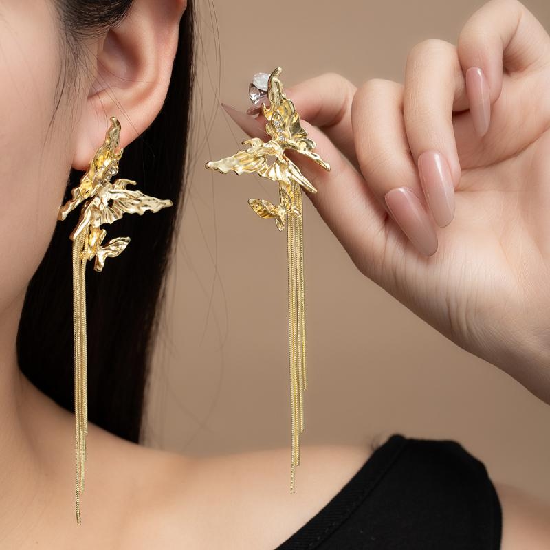 New Metal Tassel Drop Earrings for Women Double Butterfly Long Dangle Earrings Fashion Temperament Party Birthday Jewelry Gifts