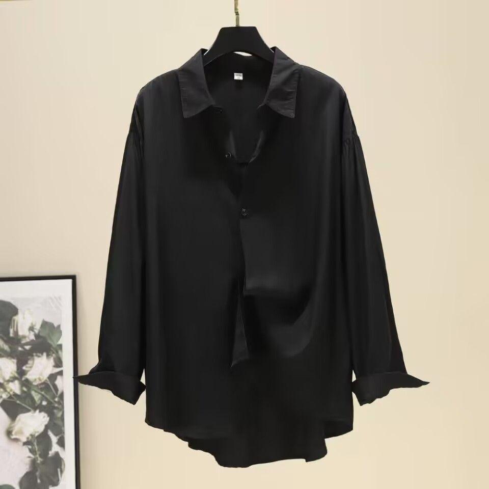 Korean Style Loose Casual Long Sleeve Shirt Pure Color Mid Length Flowy Blouse