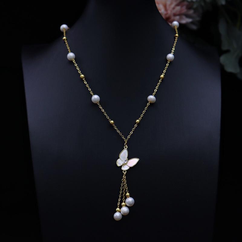 Korean-Style White Pearl Necklace with Butterfly Tassel Design
