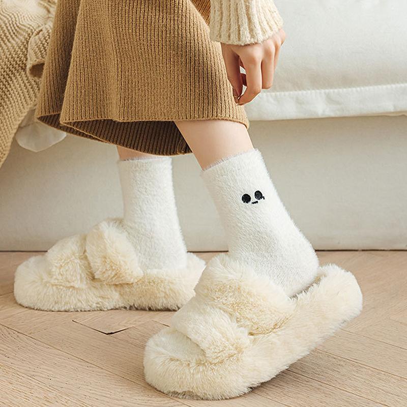 1 Par Meias Sólidas Aconchegantes Peludas de Visom Veludo Mulheres Outono Inverno Meias Grossas Quentes Dormir Cama Chão Casa Fofas Kawaii Meia