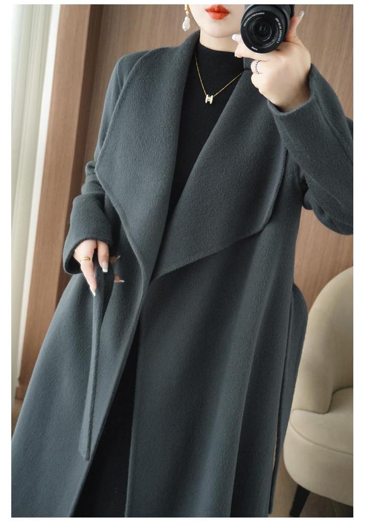 2025 Autumn/Winter Korean Style Double-Faced Wool Coat with Belt and Large Lapel, Over-the-Knee Mid-Length