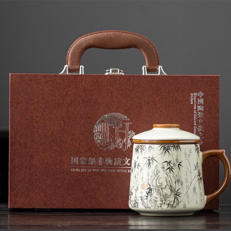 Chinese Ru Kiln Teacup Blue And White Ceramic With Lid Tea Separation Water Cup Household Special Tea Cup Office Mug