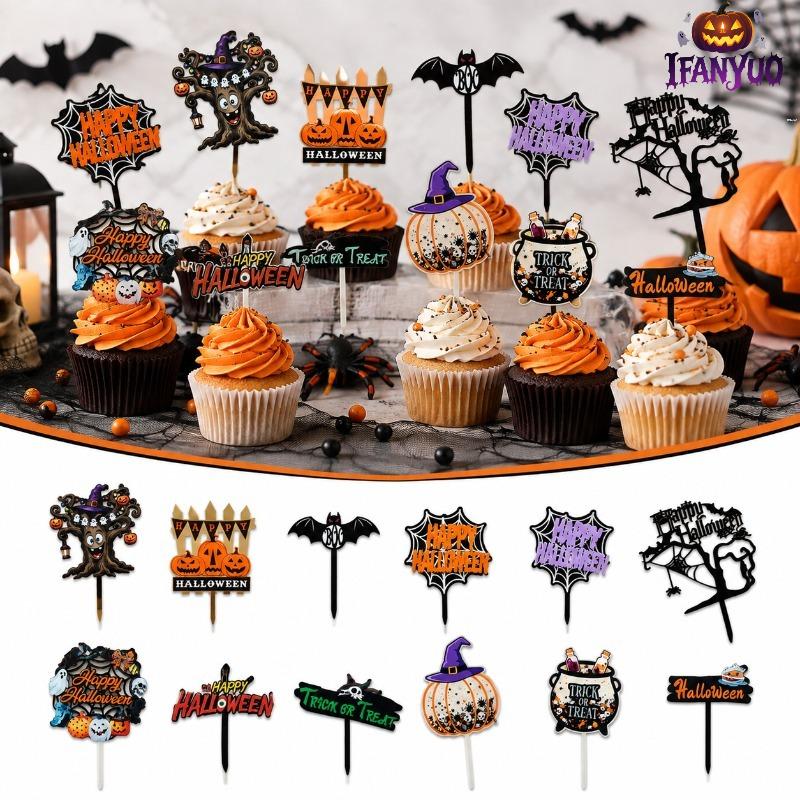 10Pcs Acrylic Halloween Cake Toppers Reusable Ghost Pumpkin Skull Cupcake Picks Spooky Dessert Decorations for Halloween Party