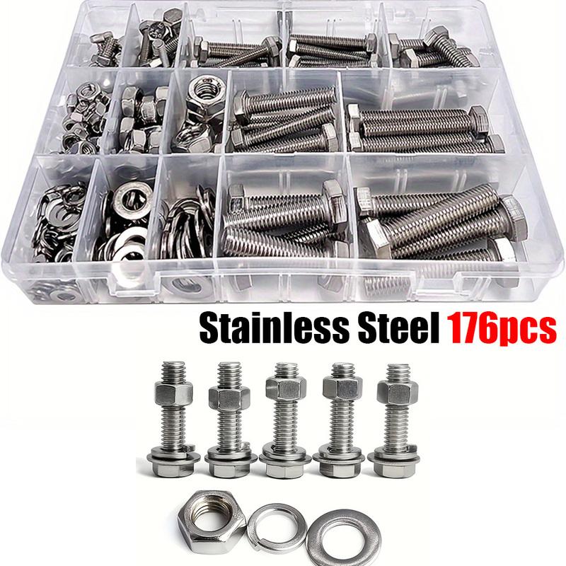 176-piece stainless steel heavy-duty hex bolt and nut kit, M6, M8, M10, lengths 20mm, 30mm, 40mm, 60mm