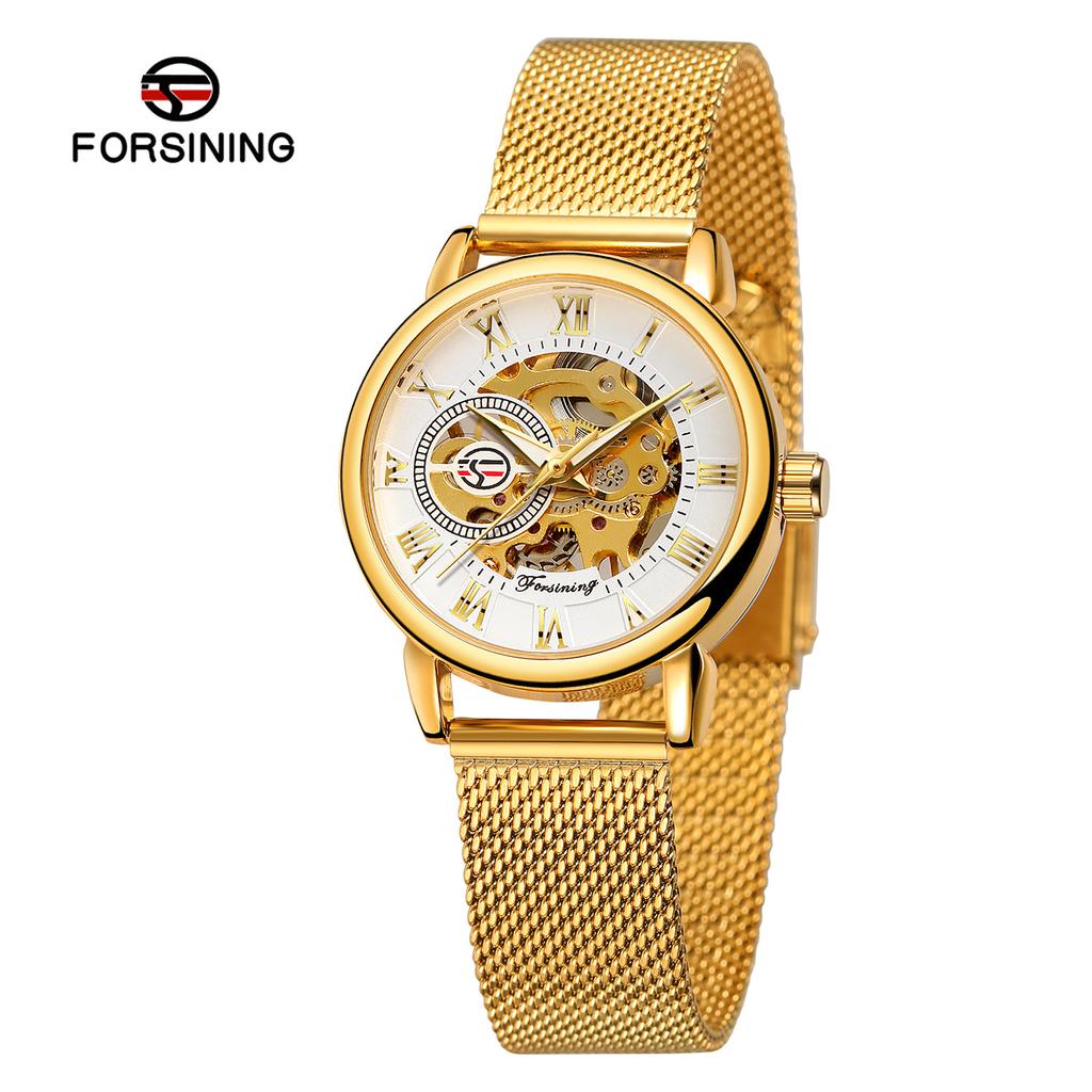 Forsining Ladies Fashion and Leisure Openwork Mesh Belt Small Female Mechanical Watch