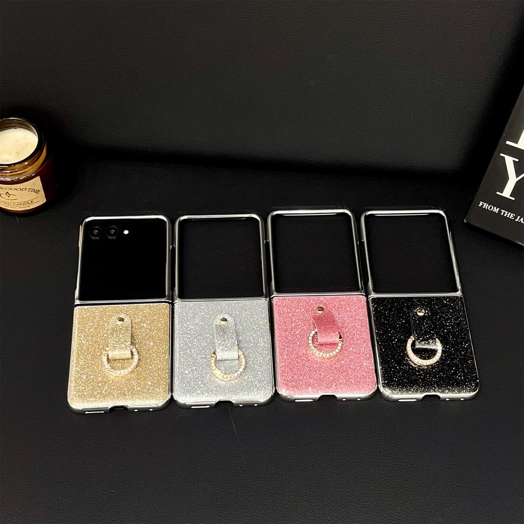 For Samsung Galaxy Z Flip7 5G Case Electroplated Glitter PU Leather+PC Protective Cover with Portable Ring Strap
