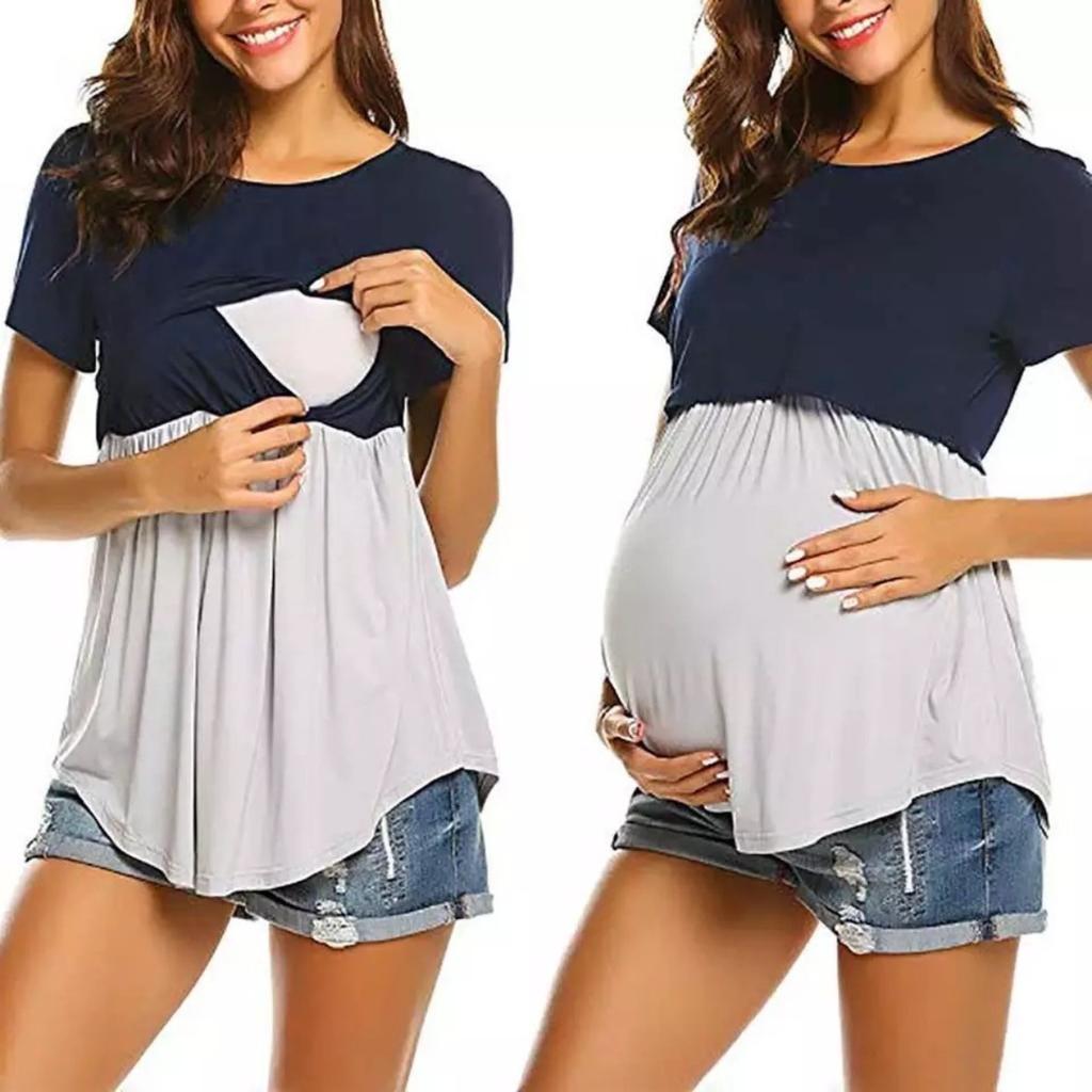 Sommer Kurzarm Rundhals Patchwork Unregelmäßig Stillen Schwangerschaft T-Shirt Top