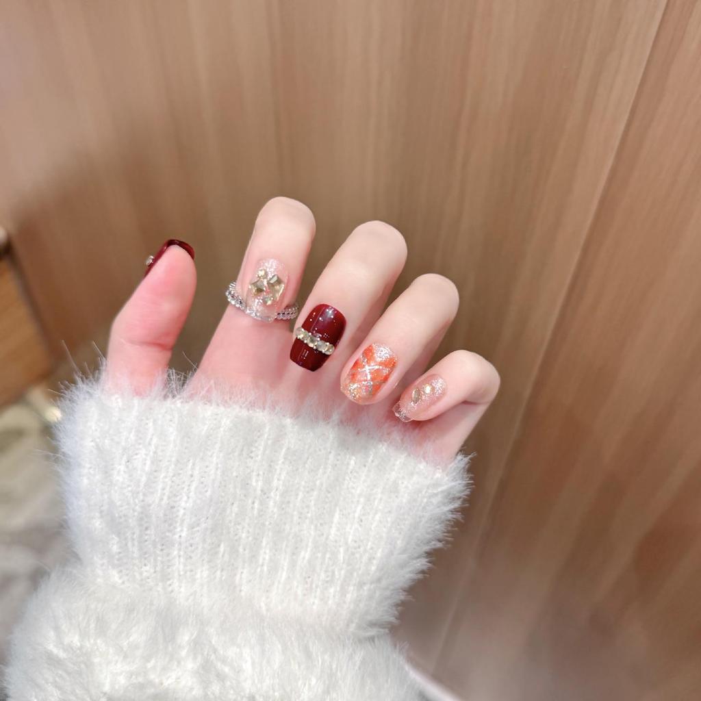 Korean Heiress Claret Red Hand-Painted Press-On Nails