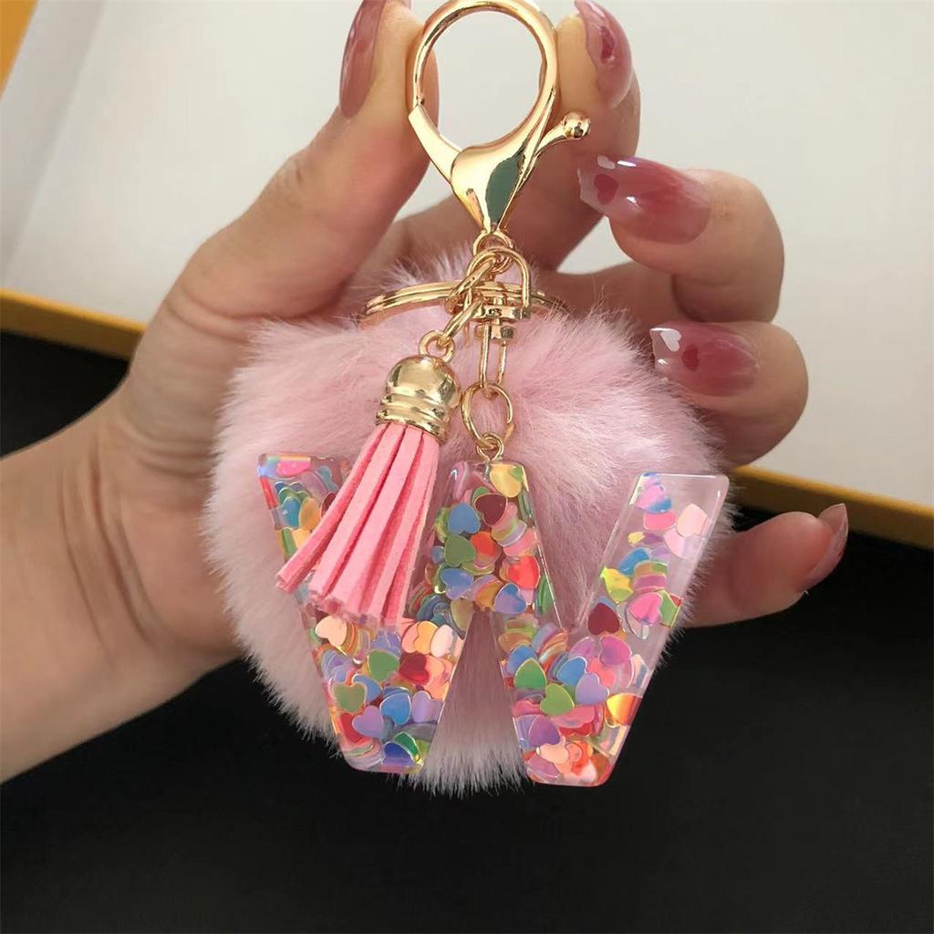 Trend Acrylic Pink Pompom Glitter 26 Initials Letter Keychain With Fluffy Resin Alphabet Charms Key Pendant Party Gift