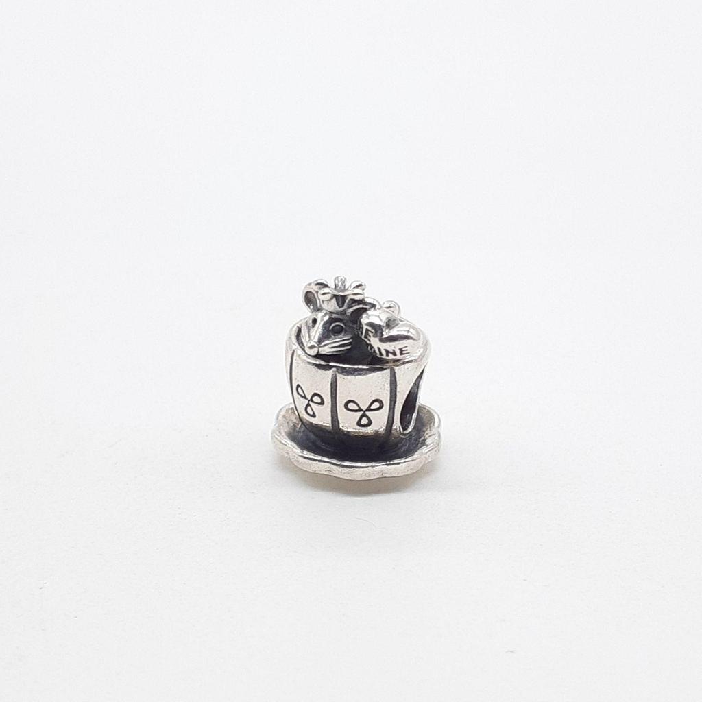 Used PANDORA SILVER 925 Silver Bracelet Necklace Charm Be Mine Mouse In Teacup Denmark Z83-4