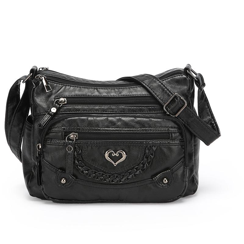 Vintage Crossbody Bag in Brown with Heart Accent - Adjustable Strap Multiple Zipper Pockets Small Crossbody Bag