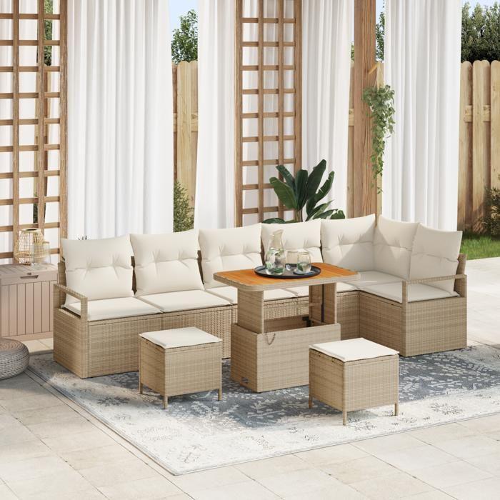 Ensemble de canapé de jardin vidaXL 9 pièces avec coussins beige en poly rotin acacia, Canapé de jardin 2 places 3364496