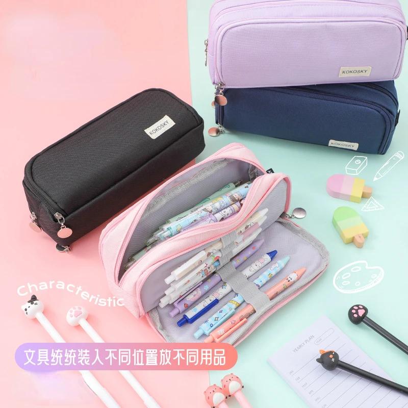 Estuche negro para lápices, gran espacio de almacenamiento, 2 compartimentos, bolsa de doble cara abierta, organizador de escritorio para estudiantes, útiles escolares