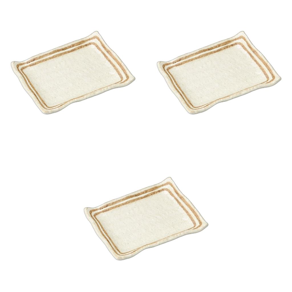 Set of 3 Cream Lined Rim Square Individual Plates x x Individual Setomonohonpo Powder-Brushed Wave-Shaped [15.4 11.5 2cm] Plates, Ceramic,