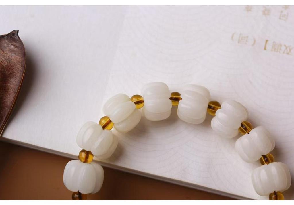 Natural White Jade Bodhi Root Hand-Carved Pumpkin Bead Bracelet and Ring Set