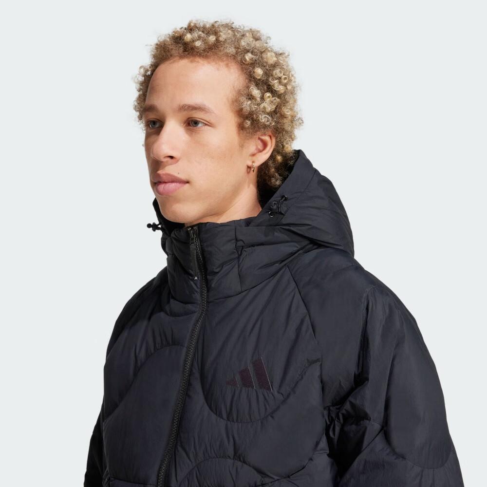 Adidas Jachetă de puf cu mâneci lungi, croială largă, culoare uni, îmbrăcăminte exterioară unisex, neagră JG5926