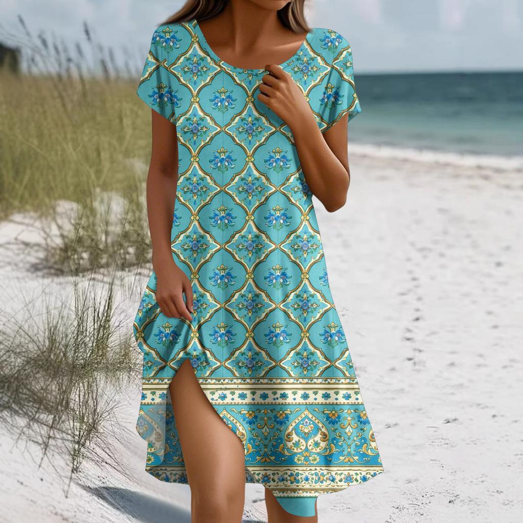 Sukienka Boho z krótkim rękawem dla kobiet, luźna, letnia, swobodna, z nadrukiem kwiatowym i kieszeniami