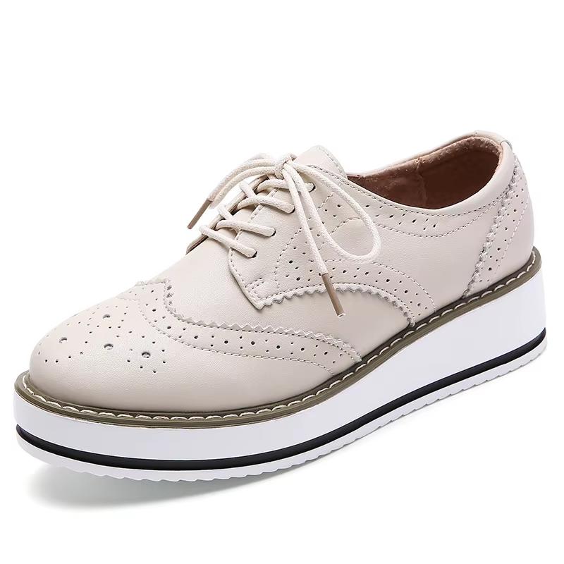 Women's Oxford Flats - Genuine Leather Wingtips Lace-Up Comfort Brogue Derby Patent Platform Casual Shoes for Spring Autumn