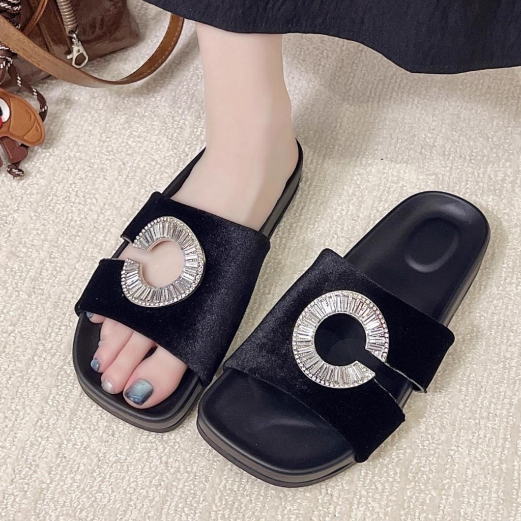 New Gold Velvet Rhinestone Open-toe Sandals, Wearing High-end Hole Slippers, Flat-soled Women's Shoes Trendy
