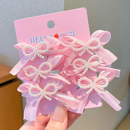 6Pcs Girl Hairpin Hand-Sewn Bow Hair Clip with Imitation Pearl Beads Macaron Color Safe Scalp-friendly Hairpin Hair Accessories