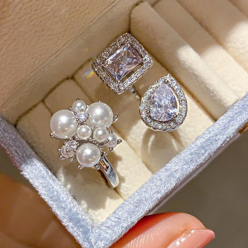 Zircon Square Water Drops Simple Open Ring Elegant  All-Match Ring Women'S Jewelry