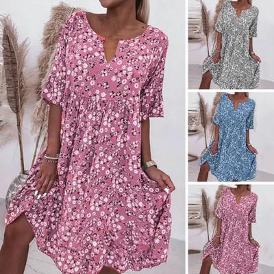 Orta Boy Elbise Günlük Moda Kısa Kollu V Yaka Gevşek Günlük Giyim Polyester Çiçek Baskı Plaj Elbisesi Tatil Kaynağı