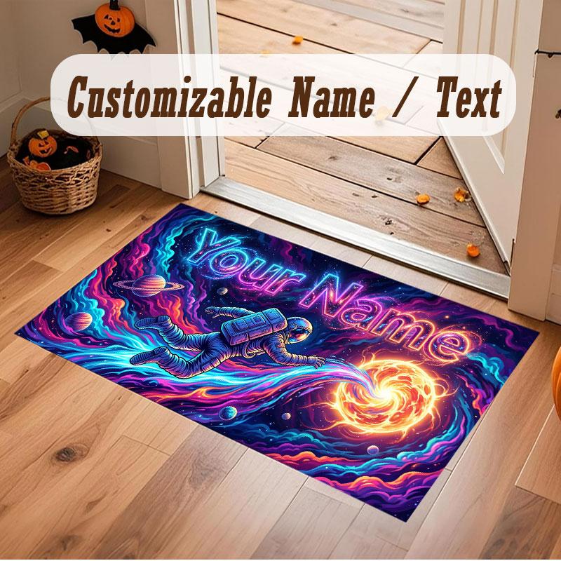 Space Cosmic Theme Crystal Velvet Floor Rug Personalized Custom Name Text Warm Carpet Home Decoration