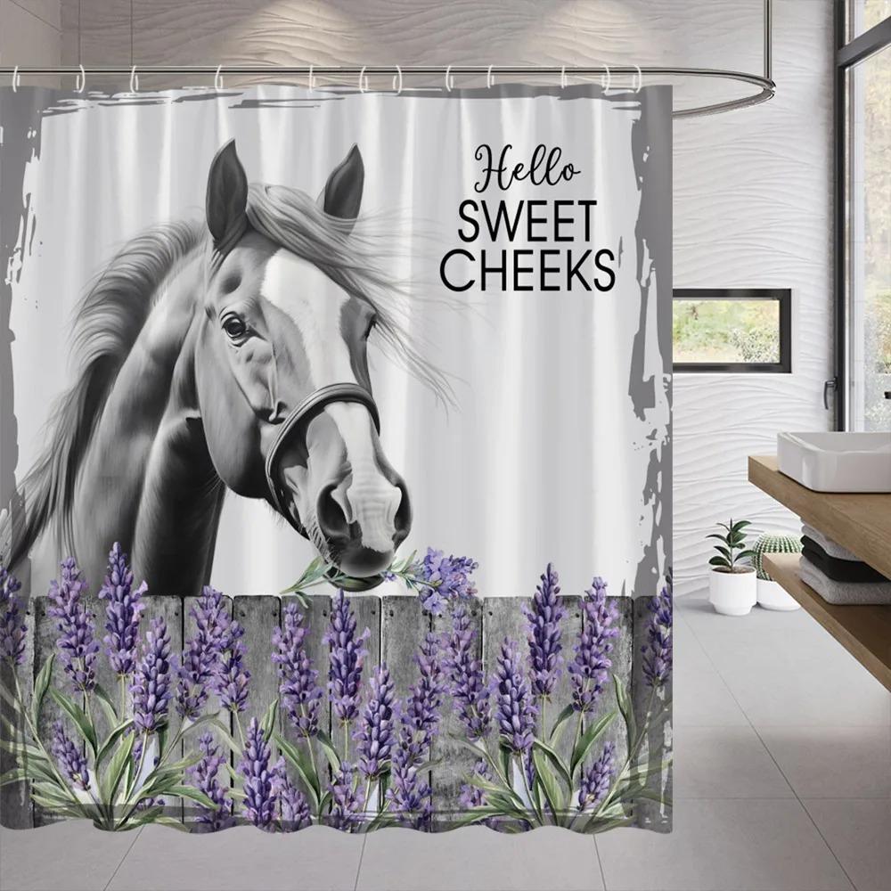 Funny Farm Cow Shower Curtain Rustic Wooden Door Highland Cow Wooden Panel Lavender Flower Cloth Hanging Curtains Bathroom Decor