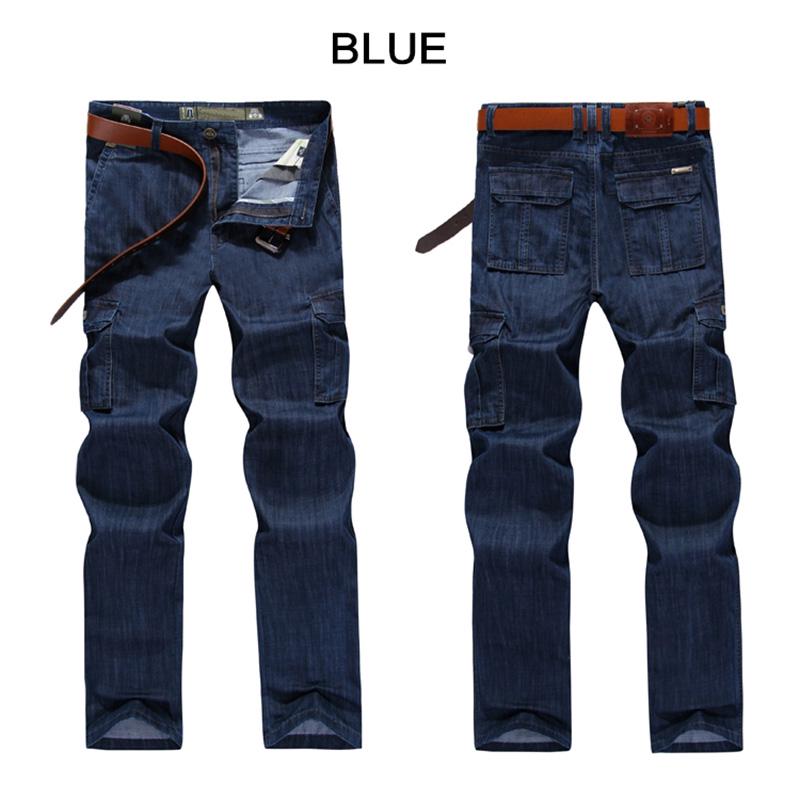 Mens Jeans Cargo Denim Pants Regular Loose Fit Multi Pockets Classic Washed Military Wear