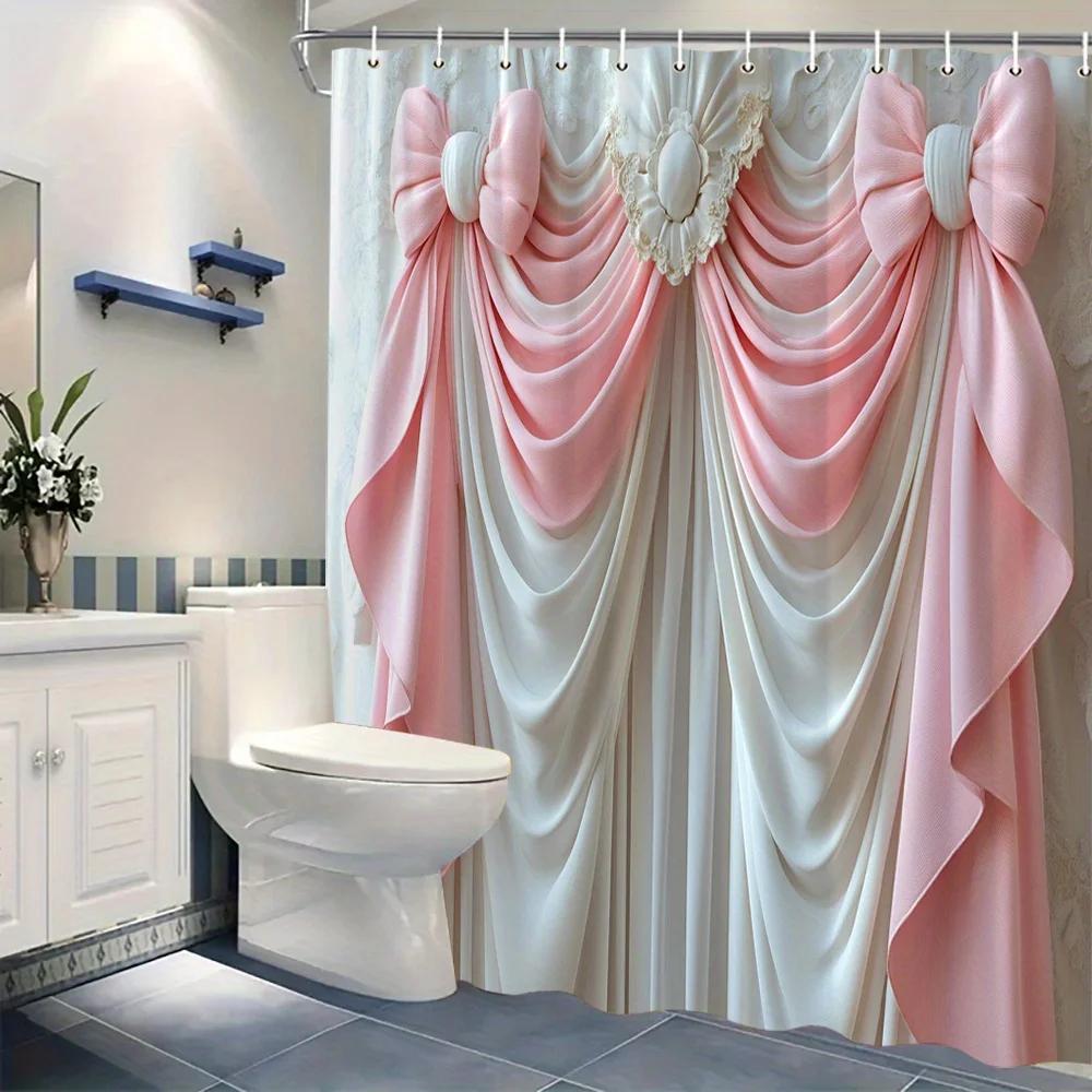 Elegante Tenda da Doccia Bianca e Rosa con Drappeggio - Fiocchi Simmetrici in Raso, Ricamo Floreale, Dettaglio a Nastro, 12 Ganci, Regalo Ideale