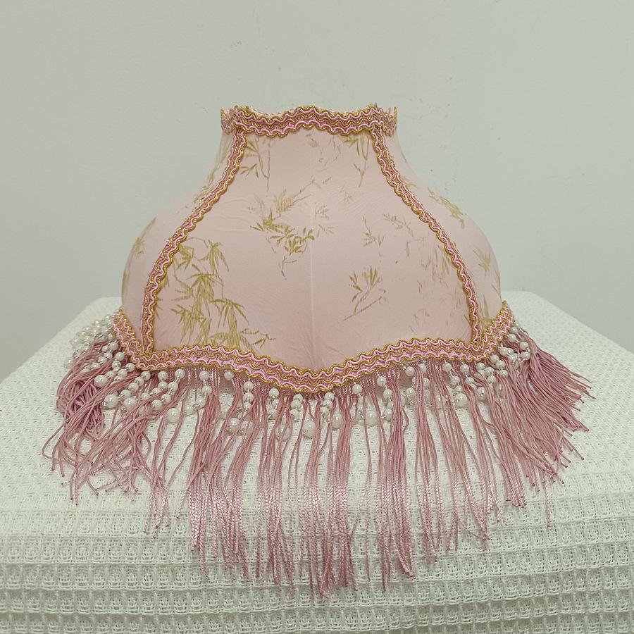 Elegant White and Pink Bamboo Pattern Lampshade with Pearl Tassel and Inlaid Edge - Versatile Style Fit