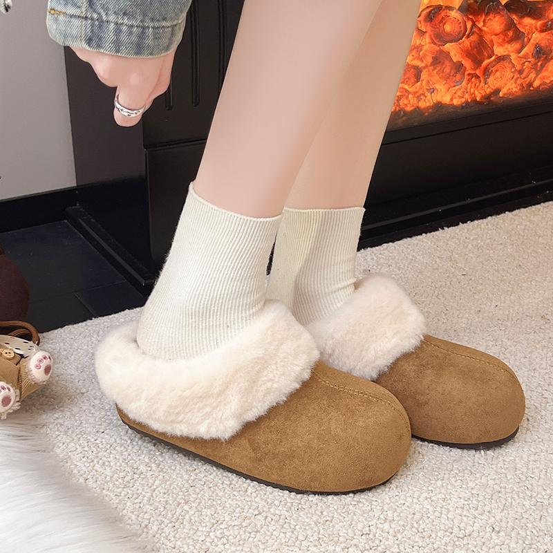 Women's Inside Heightening Low Heel Baotou Half-Drag Winter New Round Toe Scrub Fleece Warm Slippers