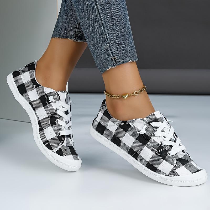 Big Black Plaid Shoes Fashion Flat Casual Women's Shoes Large Size Women's Cloth Shoes