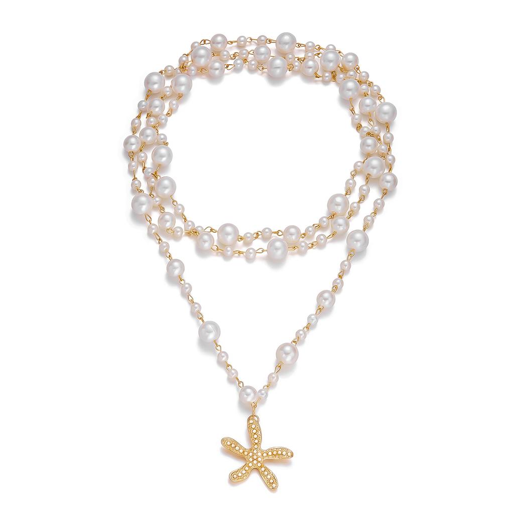 Luxury Imitation Pearl Starfish Pendant Necklace for Women Delicate Sea Star Gold Plated Long Layered Chain Party Jewelry Gift