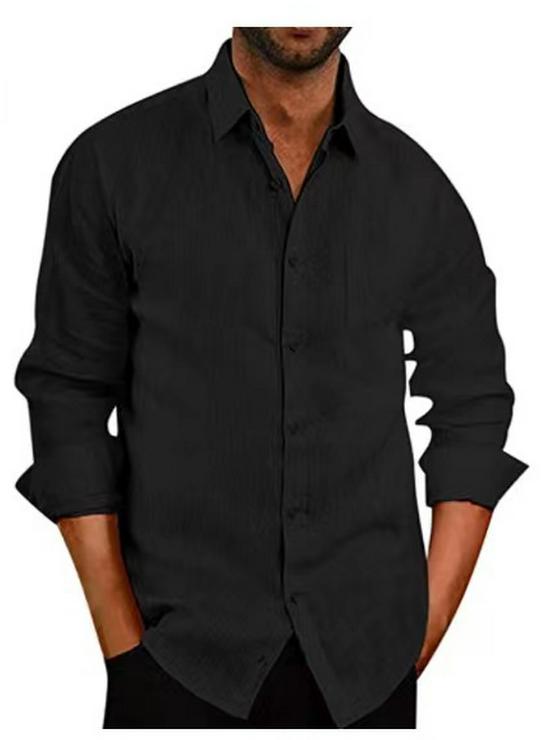 New Bestseller Men's Linen Shirt - Turn-Down Collar, Solid Color, Long Sleeve, Button-Up.