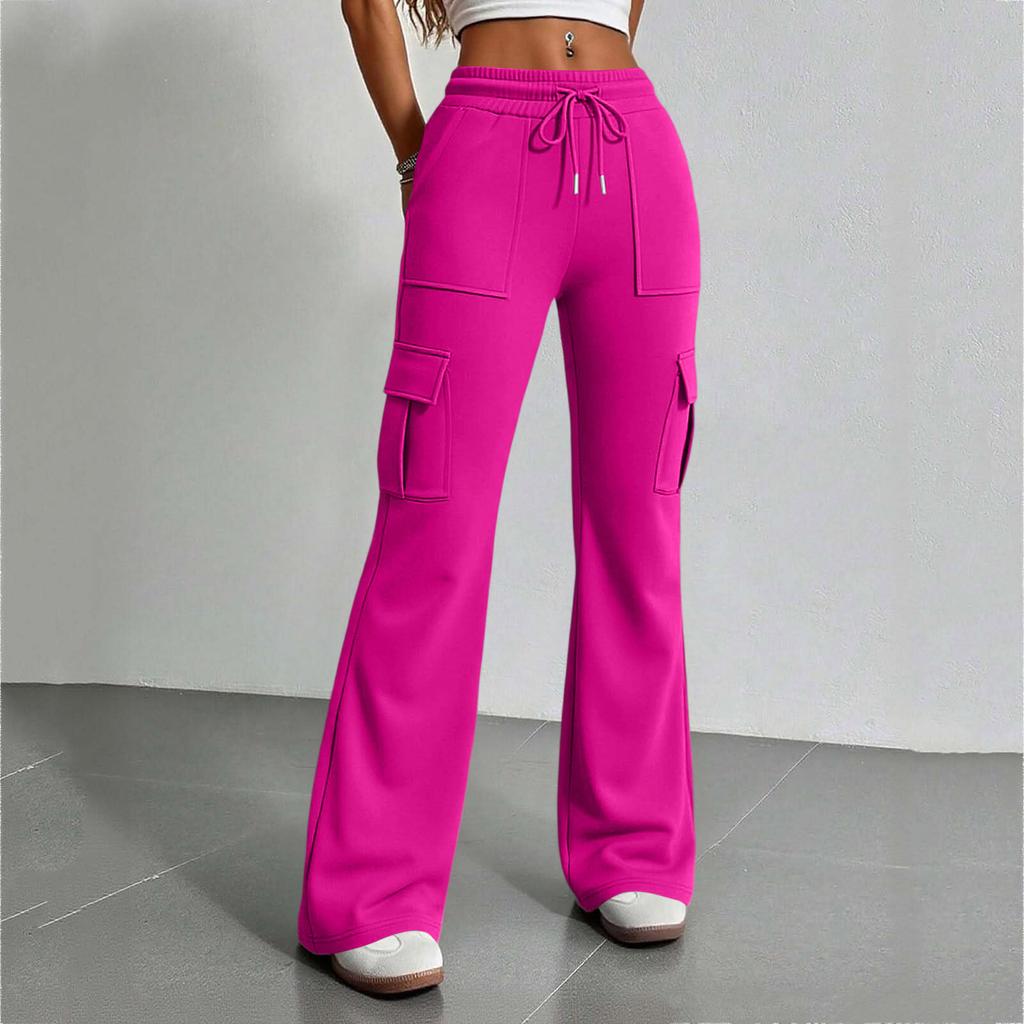Women's High Waist Drawstring Casual Flared Pants with Pockets Loose Fit Wide Leg Trousers Elastic Waistband