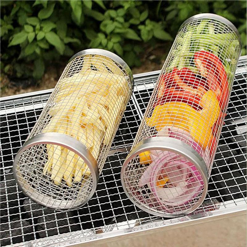 2PCS Rolling Grill Baskets for Outdoor Grilling - Round Grilling Accessories BBQ Large Vegetable Grill Cage Cylinder Stainless S