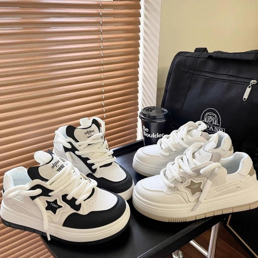 White Sneakers For Women With Thick Sole And Crossed Laces For Casual Daily Wear