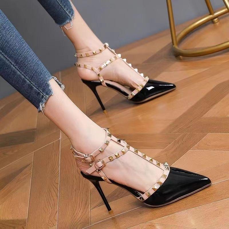 Celebrity Style Sexy Fashion Stiletto High Heels Spring 2025 Rivet Pointed Sandals Women's One-word Buckle Strap Single Shoes