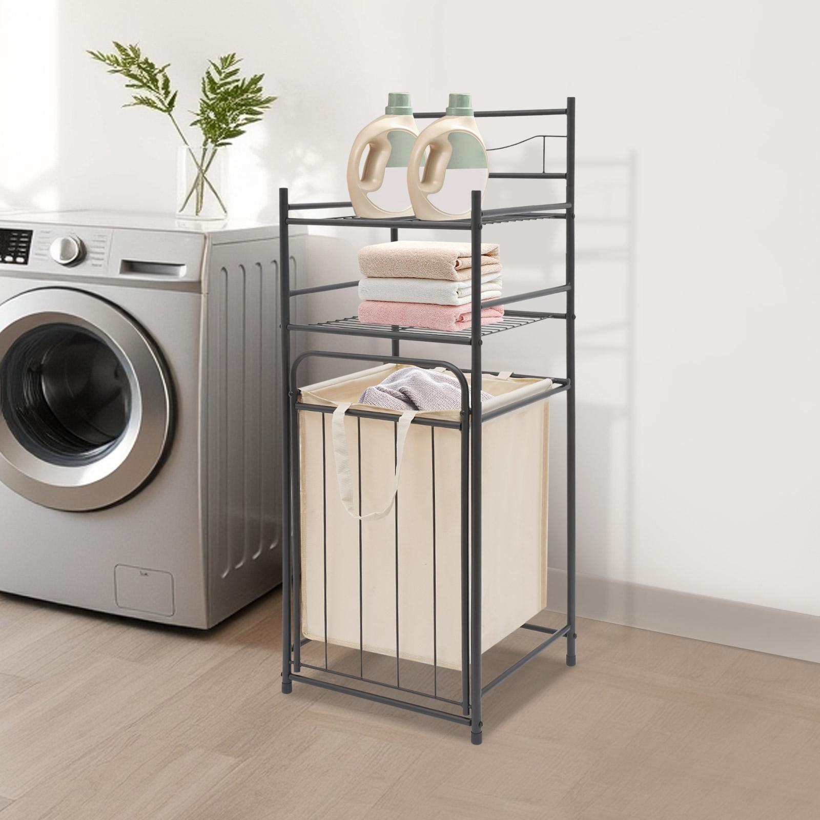 

Modern 3-Tier Metal Laundry Hamper Organizer with Removable Bags, Multi-Purpose Storage Shelf Rack for Bedroom Bathroom Closet