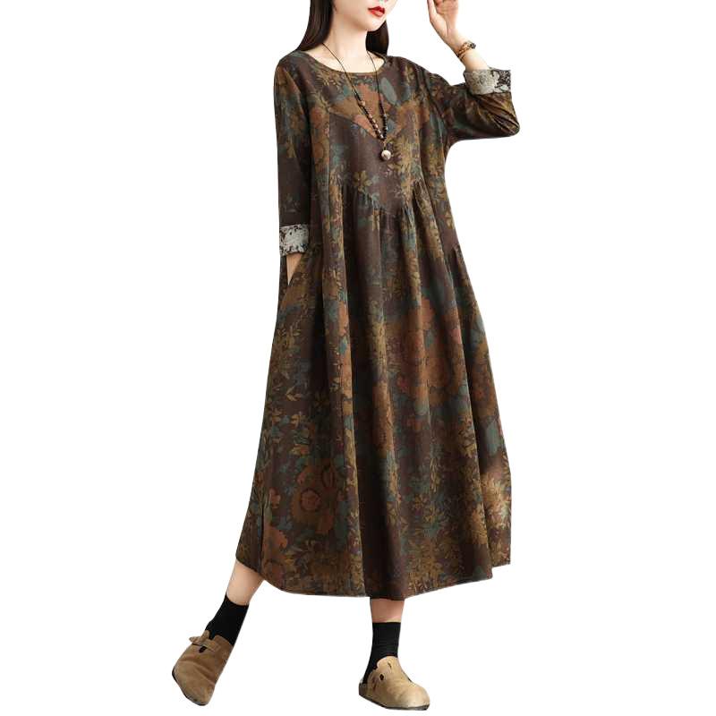 New Vintage Cotton and Linen Print Round Neck Long-sleeved Dress Women Loose Large Size Thin Stitched-A-line Skirt Women