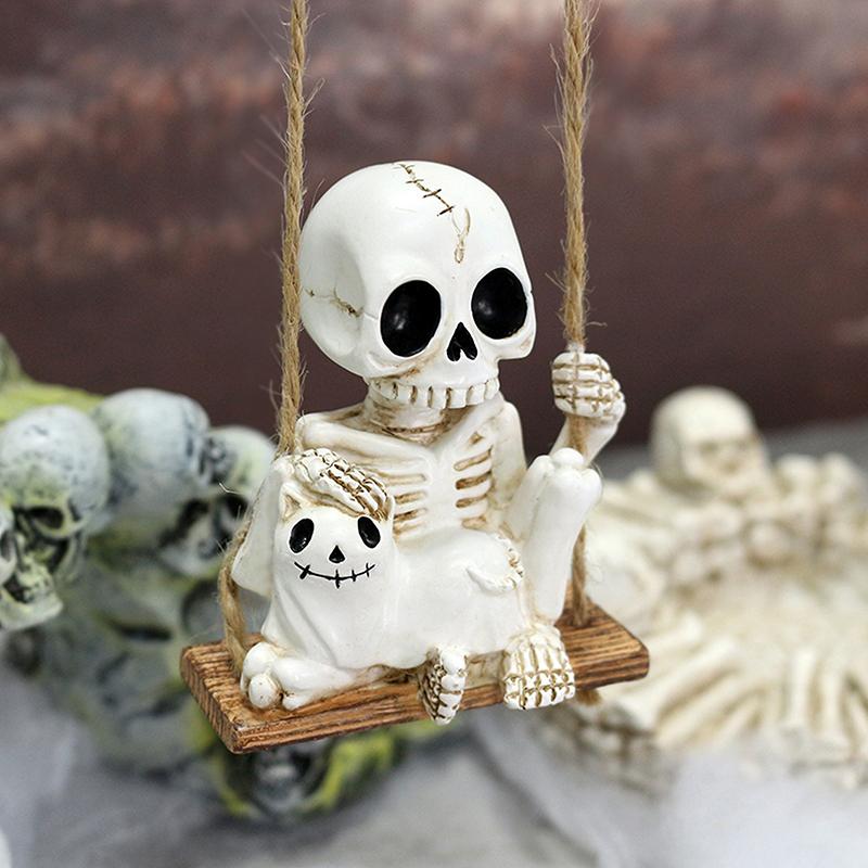 Swing Skeleton Holding Ghost Cat Garden Statue Outdoor Halloween Decor, 3.14 Inch Cute Skull Figurine Resin Sculpture