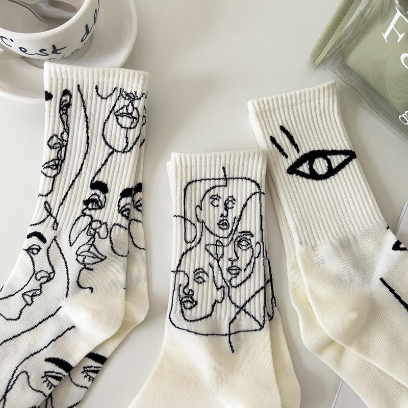 3/6 Pairs Abstract Line Paintings Mid Tube Cotton Socks Street Trend Sports Sweat Absorbing Breathable Couple Casual Socks