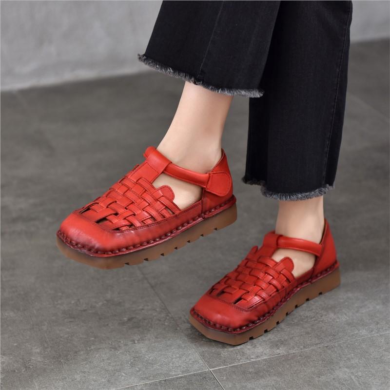 Johnature Genuine Leather Woven Breathable Flat Sandals Square Toe Soft Sole Versatile Women's Shoes