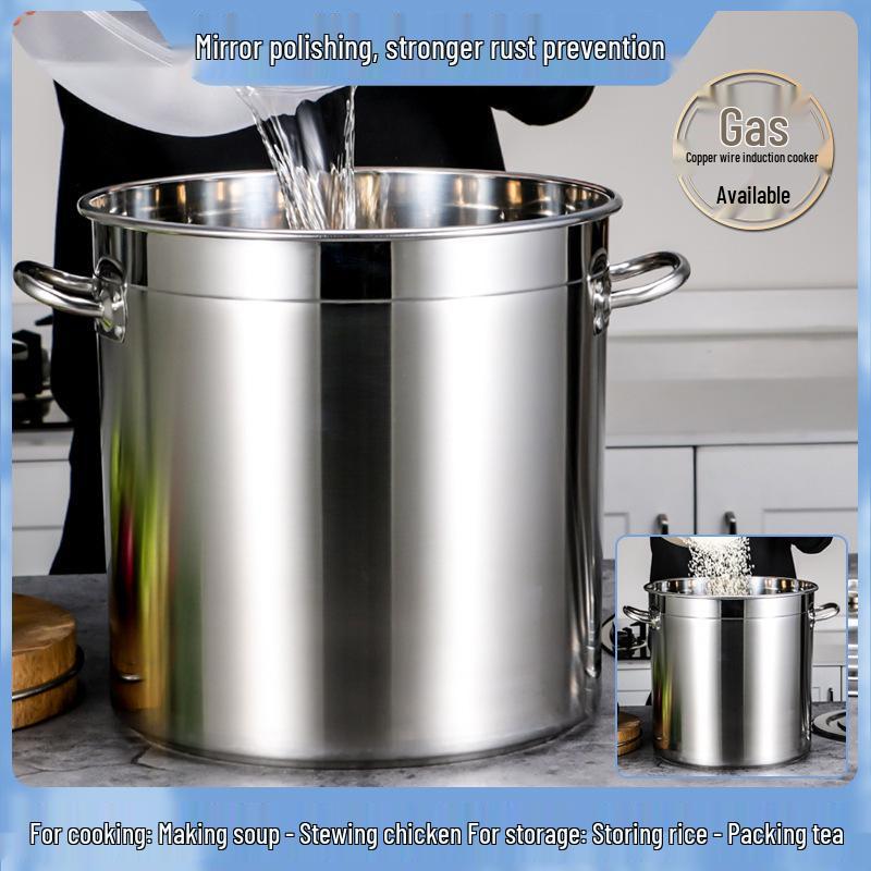 304 Stainless Steel Soup Pot with Lid - Thickened Round Barrel for Commercial Use, Ideal for Rice, Water, Braised Meat, and Porridge.
